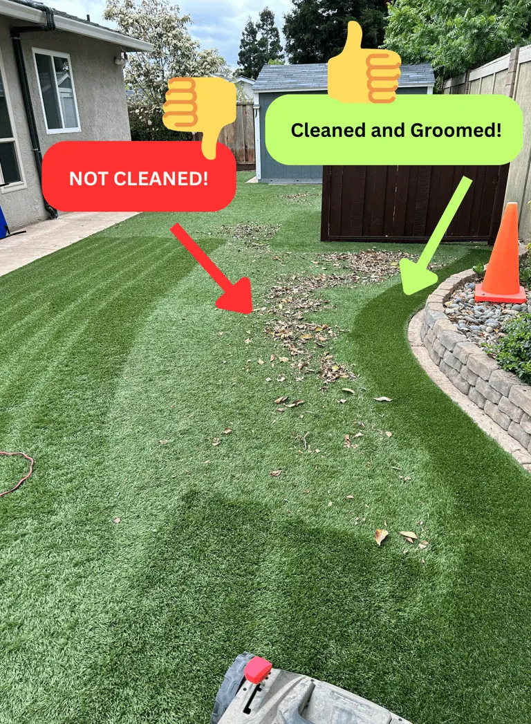 Before and after comparison of cleaned artificial turf